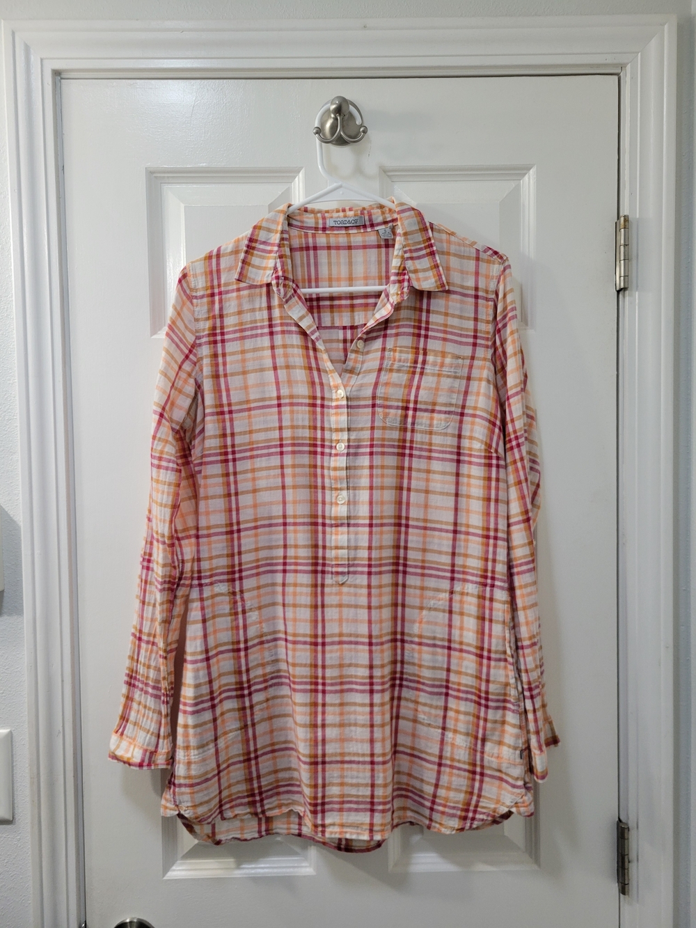 Toad&Co Plaid Tunic Shirt in Cream, Pink & Orange